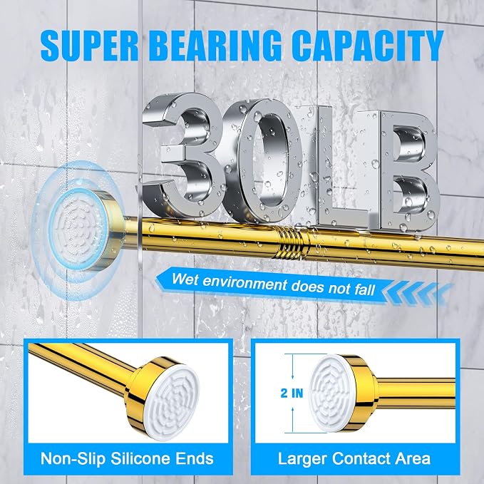 TEECK Shower Curtain Rod, 32-104 inch Adjustable Spring Tension Curtain Rod, Never Rust Anti-Slip Shower Curtain Rod for Bathroom, No Drilling, Never Collapse, Easy to Use, Gold