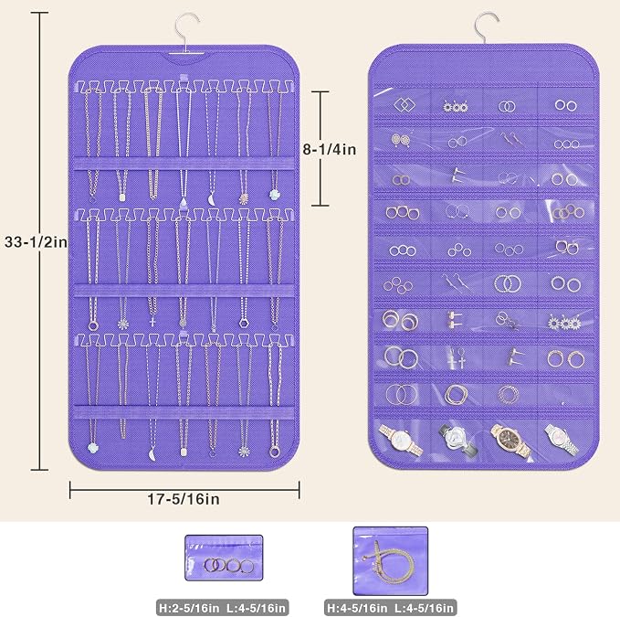 Double-Sided Hanging Jewelry Organizer for Necklaces Earrings 1-Pack Purple | Foldable 36 hooks & 40 clear pockets; swivel hook fits walls, doors & rods for earrings, bracelets, rings & small jewelry
