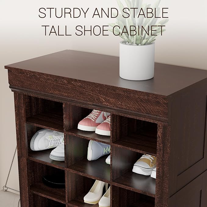 GarveeHome 10-Tier Shoe Storage Cabinet, Tall Shoe Rack with 30 Cubbies, Freestanding Entryway Shoe Organizer for Entryway, Living Room, Brown