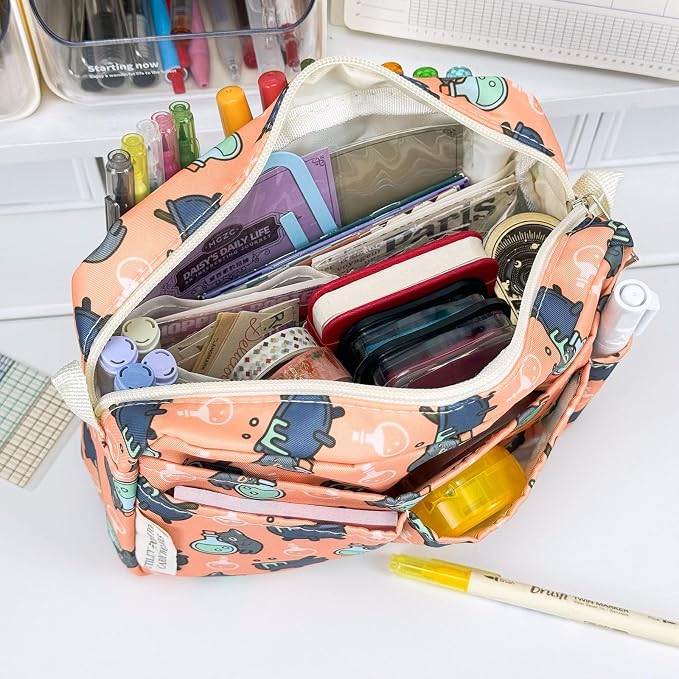 Multiple Pockets Portfolio Organizer with Zippered,Storage Pencil Pouch Bag | Waterproof Travel Toiletry Bag,Portable Pencil Pouch for Notebooks,Stationeries,Make-up,Journal Office Art Supplies,PotionCat