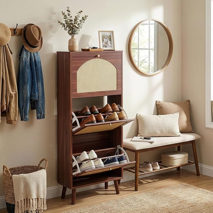 Karl home Brown Rattan Shoe Cabinet, 3-Tilt-Out Entryway Storage Organizer | Hidden Shoe Rack with 3 Tilt-Out Compartments for Heels, Slippers and Casual Shoes, Space Saving Entryway Furniture