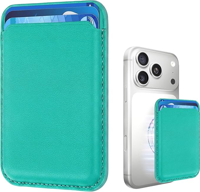 Magnetic Wallet Phone Card Holder for Phone Case with Mag-Safe, Stronger Magnetic RFID Leather Phone Wallet Stick on Series of iPhone 17/16/15/14/13/12 and Pro/Promax, Turquoise