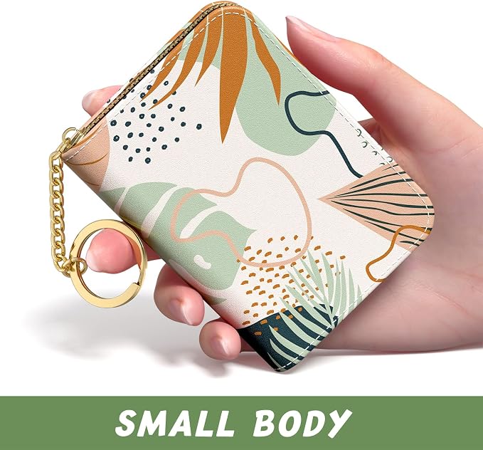 Aiawoxc Credit Card Holder for Women, Small RFID Wallet Slim Leather Card Organizer Case with Zipper and Keychain, Boho Leaves