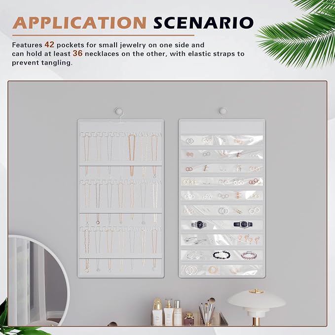 Hanging Jewelry Organizer, Double-Sided Necklaces Holder, White | 42 clear pockets organize rings & earrings; 36 wire necklace hooks reduce tangles; top hook hangs in closets, walls or doors.