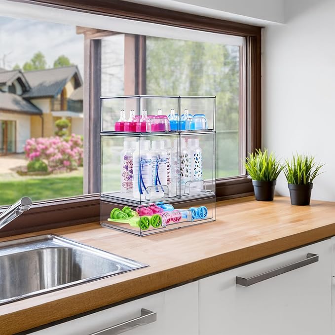 Sorbus Wide Stackable Acrylic Storage Drawers, 4 Pack Clear Plastic Organizer Bins for Baby Bottles, Makeup, Bathroom, Vanity &Countertop Organization, Pull-Out Drawer Design for Cabinets & Pantry