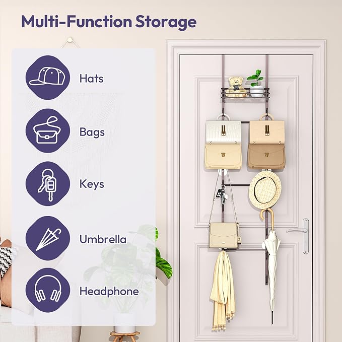 SWTYMIKI Over The Door Purse Organizer - Wall Mounted Handbag Organizer with 16 Hooks and Metal Basket, Hanging Purse Storage Rack Holds up to 16 Bags, Bag Rack Can Use As 1/2 Part, for Door, Closet