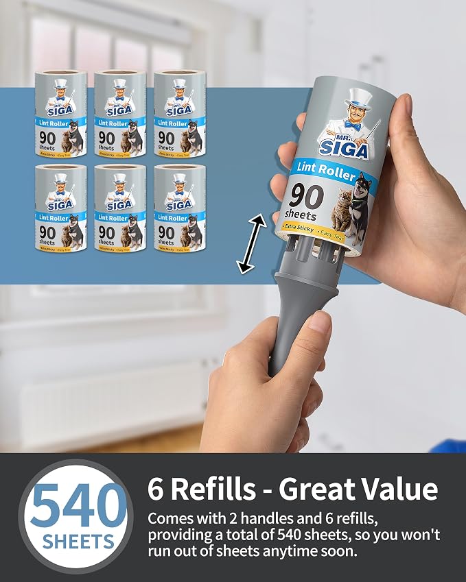 MR.SIGA Extra Sticky Lint Roller Pet Hair Remover for Clothes, 540 Sheets | Dog and cat fur remover, removes hair from couch, furniture and carpet easily