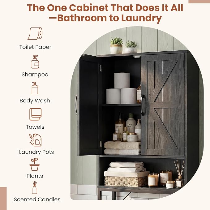 23.6" Over The Toilet Storage Cabinet with Barn Door,Bathroom Organizers and Storage with Adjustable Shelves, Farmhouse Over Toilet Organizer for Bathroom,Restroom,Laundry,Black