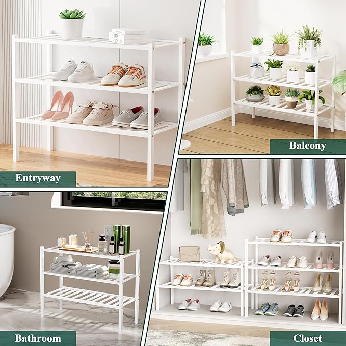 Smiry Long Bamboo Shoe Rack, 5 Tier Free Standing Wooden Shoe Organizer, Stackable Wood Shoe Storage Shelf for Closet, Entryway, 12 Vertical Slats, 2+2+1 Stack Standard Legs, 33.7"x11"x32.5", White