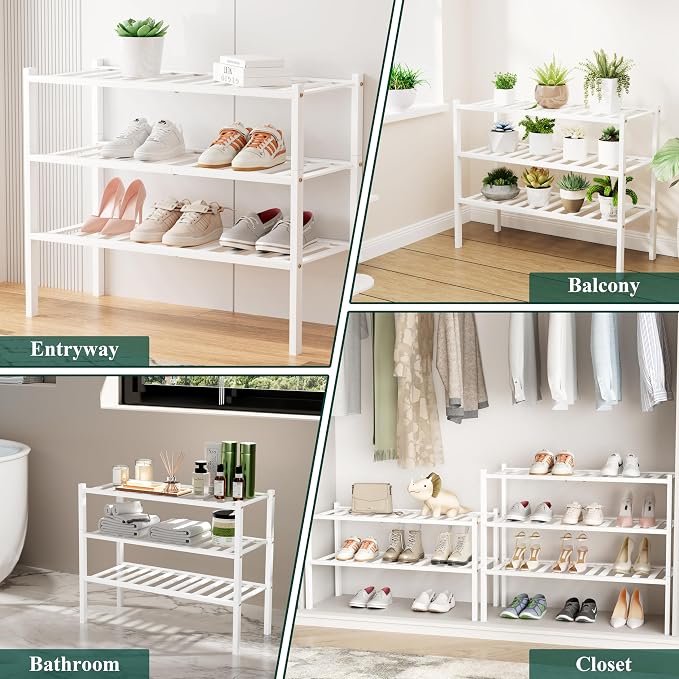 Smiry Bamboo Shoe Rack, 3 Tier Free Standing Wooden Shoe Organizer, Stackable Wood Shoe Storage Shelf for Closet, Entryway, 12 Vertical Slats, 2+1 Stack Standard Legs, 26.8"x11"x19.5", White