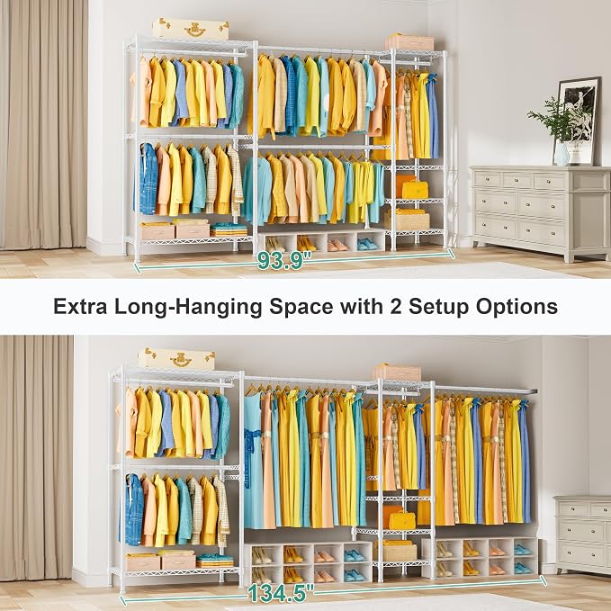 SEMHOR E01 Expandable Heavy Duty Clothes Rack, Free Standing Closet System Organizer, Adjustable Portable Carbon Steel Garment & Clothing Racks for Hanging Clothes (72.5-96"), 800LBS Max Load, White