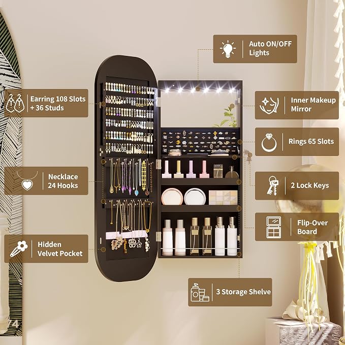LVSOMT LED Mirror Jewelry Cabinet, Wall/Door Jewelry Organizer, 16" W Black | Lockable Jewelry Armoire with Full Length Mirror, 65 Ring and 108 Earring Slots, Foldable Shelf, Rounded Corner