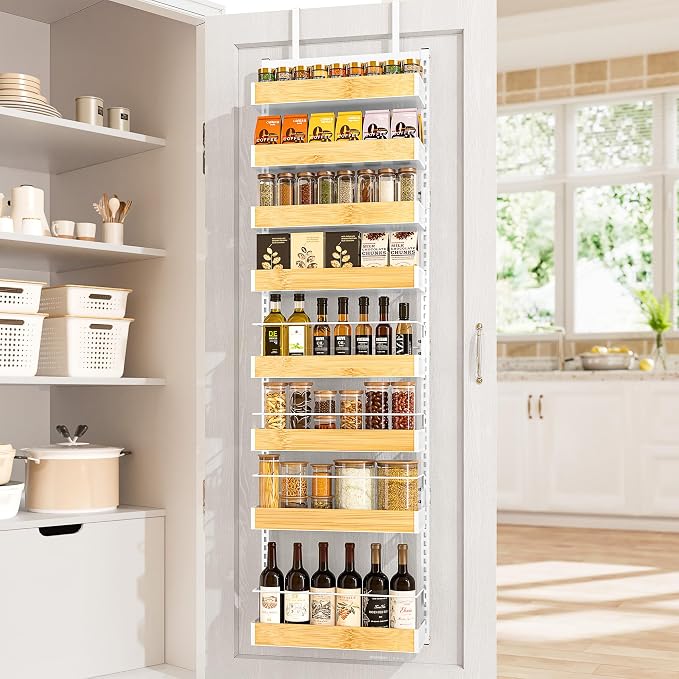 8-Tier White Door Mounted Hanging Spice Rack Shelves for Kitchen Home | Over-Door Pantry Organizer Spice Rack Back of Door Organizer and Storage with Anti-drop Rod & Adjustable Basket