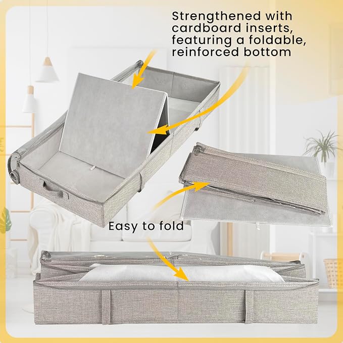 Gray Low Profile Under Bed Storage Containers 5 inches high, 33.8"x 17.7"x 5.1", Sturdy Underbed Shoe Storage Organizer, White Foldable Fabric Under the Bed Storage Bins - Pack of 2