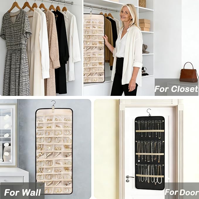 Hanging Jewelry Organizer, 1Pcs Large Double-Sided Jewelry Storage Roll with 48 Pockets and 21 Hooks for Necklaces Earrings Rings, Over the Door Jewelry Organizer with Hanger for Closet Wall