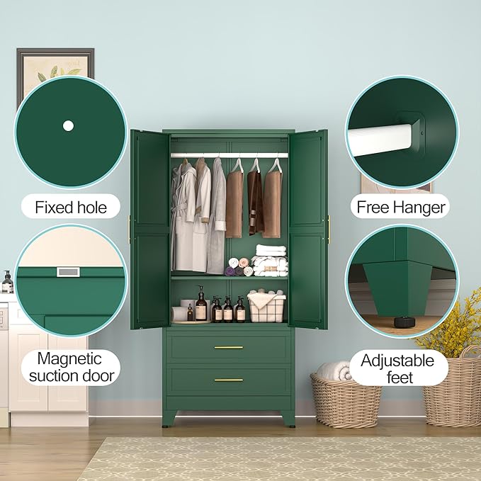 erosoei Metal Armoire Wardrobe Closet, 71 "Metal Clothing Storage Cabinet | with Adjustable Shelves and Hanging Rod, Household Steel Wardrobe Storage Cabinet with Drawers (armoire-green)
