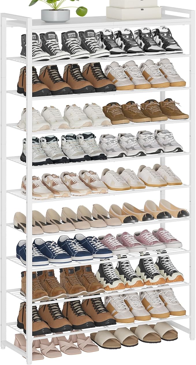 10 Tier Shoe Rack Organizer for 40-50 Pairs, Tall Metal Shoe Storage Shelf with Wood Top, Adjustable Boot Space, Narrow Design for Entryway Closet,White