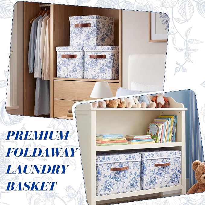 Domensi 2 Pack Large Fabric Storage Bins with Lids, 14x10x9.5 Inch Blue Floral Decorative Closet Organizer with Leather Handle Stackable Folding Clothing Storage Boxes for Bedroom Shelves(Lidded)