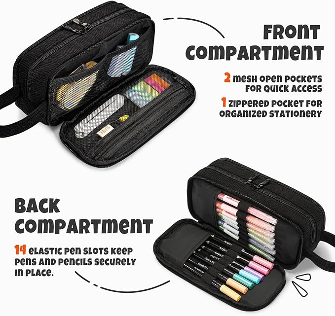 SUNEE Large Capacity Pencil Case with 3 Compartment, Extra Big Pencil Pouch, Pencil Bag with Zipper, Cute Stationery Organizer, Soft Corduroy Pen Box School Supplies for Student Girls Boys, Jet Black
