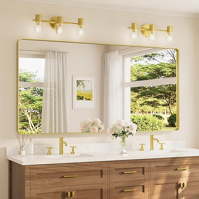 TETOTE 72 x 36 Inch Brushed Gold Bathroom Mirror, Rectangle Metal Frame Champagne Gold Vanity Mirror, Modern Round Corner Large Wall Mirrors Shatterproof (Horizontal/Vertical)