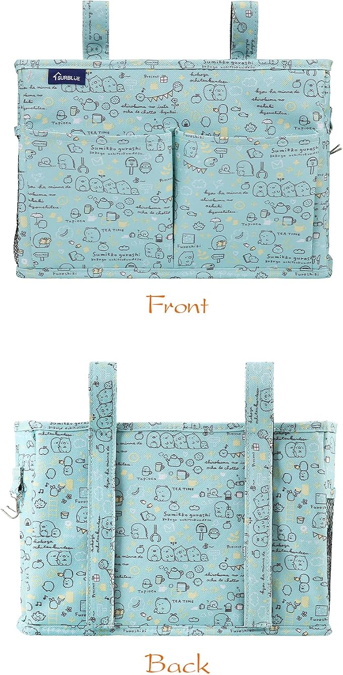 Surblue Bedside Caddy Hanging Bed Organizer Storage Bag Pocket for Bunk and Hospital Beds, College Dorm Rooms Baby Bed Rails,Camp Chiars，Wheelchair Side Bag，4 Pockets and 2 Hooks (Cartoon)