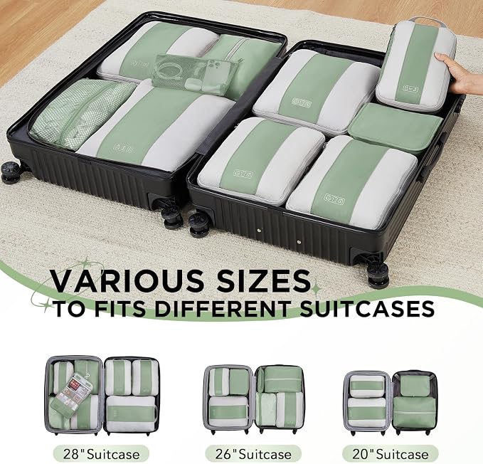 OlarHike 10 Set Compression Packing Cubes for Travel Essentials,Compressible Expandable Space Saver Bags for Organizing Clothes,Luggage Garment Bags with Over 1000 pcs Mesh Holes(Matcha Green)