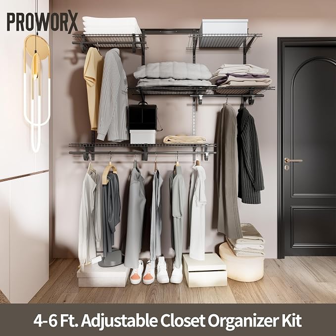 PROWORX 4-6 Ft. Expandable Closet Organizer System, Gray Custom Metal Wire Closet Shelving, Organizers and Storage Shelves Wall Mounted with Hanging Rods