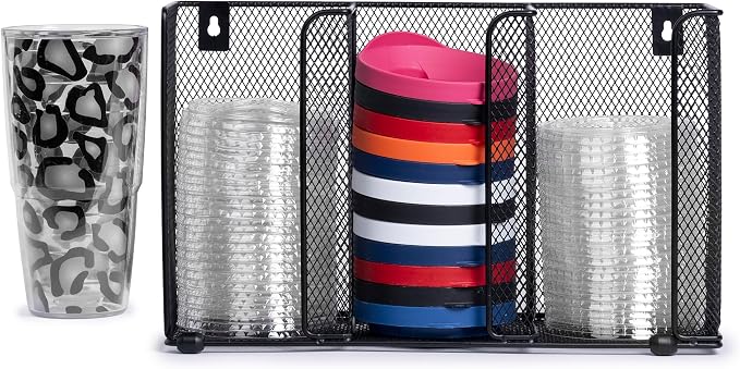 IneVibe 3 Compartment Lid Organizer Holder for Plastic Lids and Cups | Gridded Mesh Metal Rack Stand for Disposable Lids Storage in Kitchen, Cabinet, Drawers - Countertop or Wall Mount