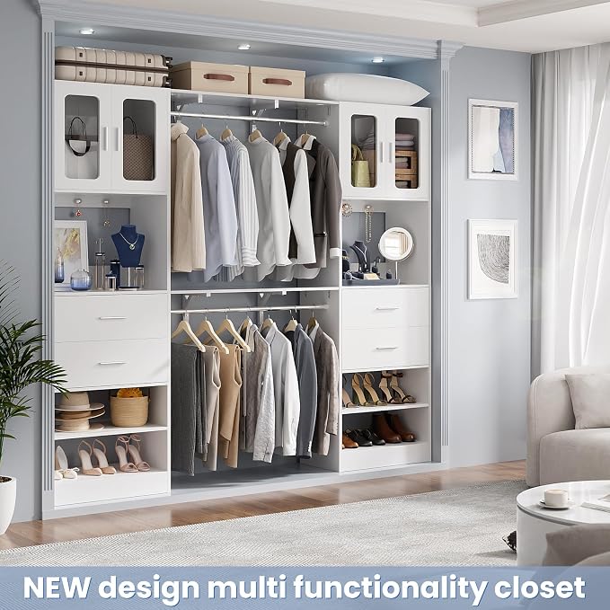 5FT Closet System with Doors and Wooden Drawers, 60'' Reversible Closet Organizer System with Big Wing Shelf and Hanging Rod, 80'' Tall Walk in Wardrobe Closet System with Shelves & Hooks, White