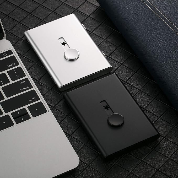 Tatuo 2 Pcs Black Silver Business Card Holder Thumb Drive Stainless Steel Business Name Card Case Portable Slide out Name Holder Wallet Nice Design Pocket for Men and Women