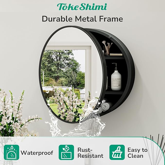 TokeShimi 26x26 Round Medicine Cabinet for Bathroom,Black Circle Bathroom Medicine Cabinet with Mirror,Surface Mount Only Detachable Shelves Circular Vanity Shatterproof Mirror with Storage