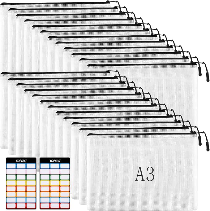 YOPCDJ 24pcs Mesh Zipper Pouches, A3 Size 17 x 12 inches Waterproof Black Zipper Bags, Water-Resistant Plastic Zipper Pouch for School Office Supplies, Puzzles & Games Organizing Storage
