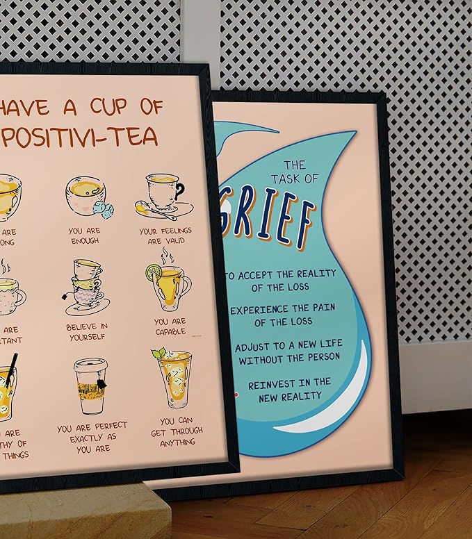 LOLUIS Mental Health Poster, Boho Therapy Tools Educational Supplies Art Print Classroom School Office Decor (Positivi-tea Poster, Custom Frame Type)