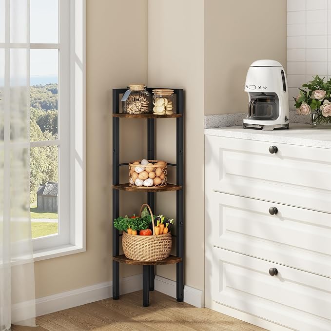 Tajsoon Small Corner Shelf Stand 3 Tier 39.6" Industrial Corner Display Shelf Shelving Unit, Corner Tables for Small Spaces, Bedroom, Living Room, Office, Kitchen, Rustic Brown