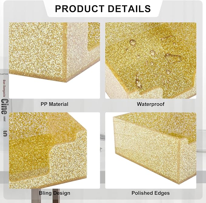 Rouidr Acrylic Sticky Note Holder, Self Stick Note Pad Holder, Gold | 3.94 x 3.94 Inch Glitter Memo Pad Dispenser Organizer for School Office Home Desk Supplies