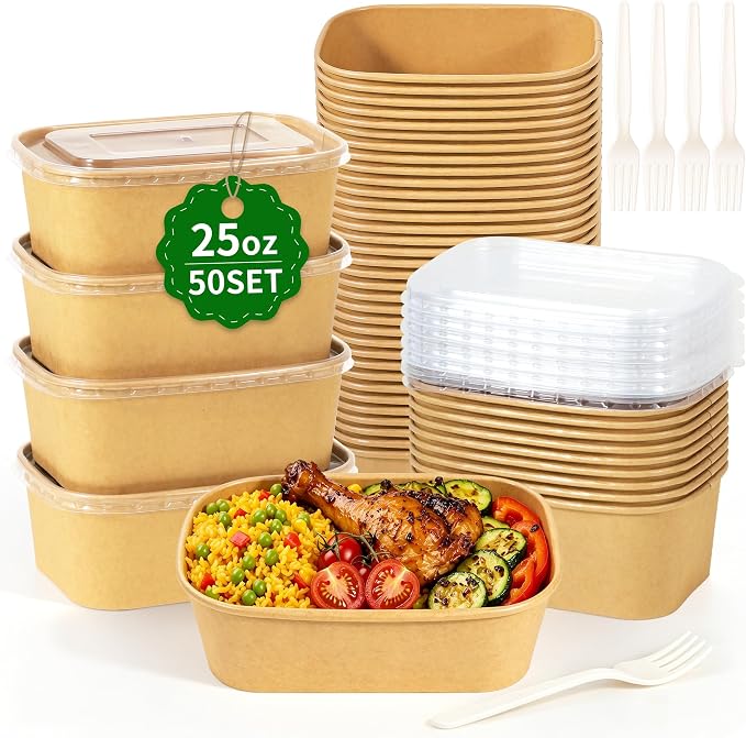 50-Pack 25 oz Disposable Meal Prep Containers with Lids and Forks, Compostable Kraft Paper Bowls To Go, Microwave & Freezer Safe Food Containers for Hot Soup, Cold Dessert, Takeout