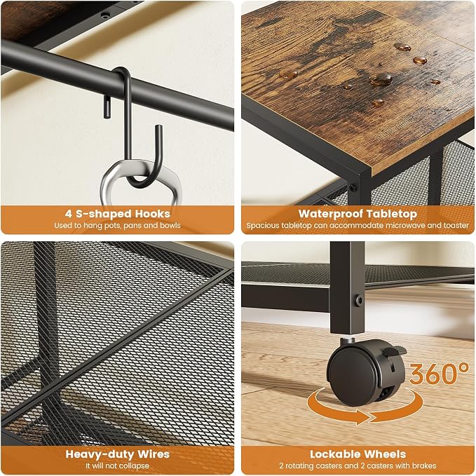 3-Tier Microwave Stand, Kitchen Microwave Cart with Adjustable Shelf | Rolling Kitchen Storage Cart on Lockable Wheels, Coffee Cart Shelf Rack Organizer for Kitchen, Living Room, Rustic Brown