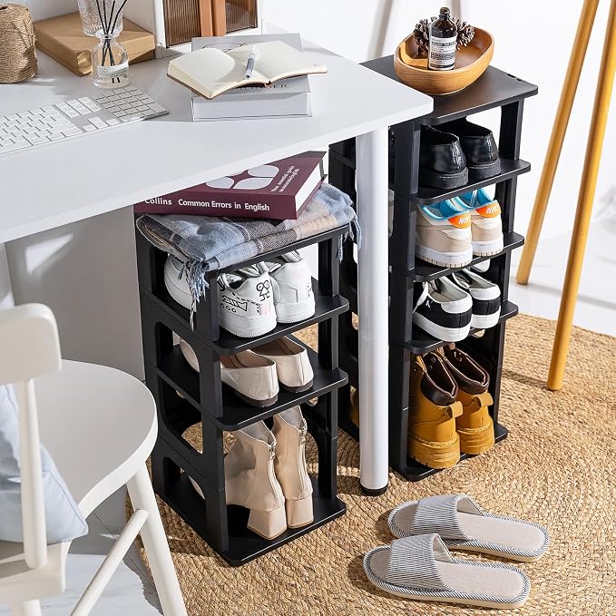 TRZZ 8-Tier Shoe Rack, Narrow Stackable Organizer, Black | Removable Partition, Vertical Efficient Shoe Storage, for Closet, Entryway, Small Spaces