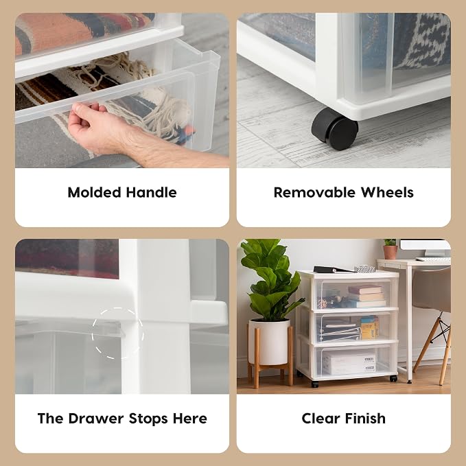 IRIS USA Plastic Drawer Storage Organizer Rolling Cart, with Wheels Casters, 3-Drawers, for Art Craft Supplies Bathroom Dorm Bedroom Laundry Room, Wide, White