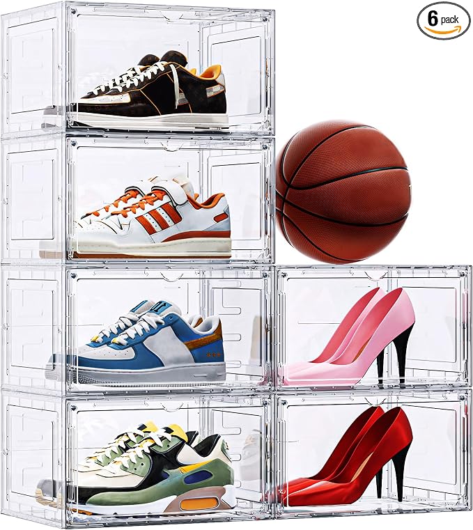 6 Pack Hard Plastic Clear Shoe Storage Organizer Boxes, White | Heavy Load Up to 80lb,Acrylic Magnetic Door,Stackable,Easy to Assemble,Dust-free,for Closet,Entryway,Under Bed,Small Space