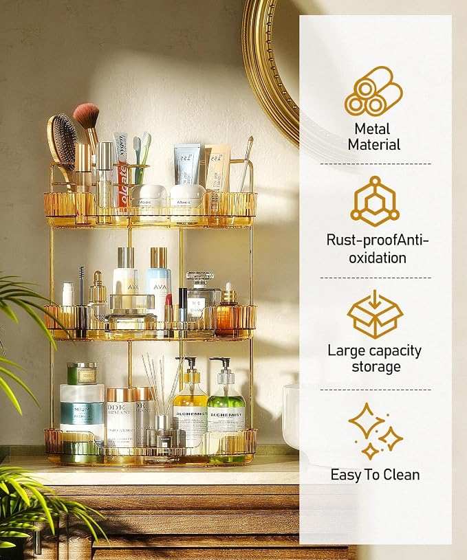 EUHOME 3-Tier Corner Bathroom Counter Organizer Makeup Cosmetic Storage, Tool-Free Installation Acrylic Vanity Shelf, Countertop Storage Organizers Perfume Tray for Bathroom, Dresser, Kitchen (Gold)