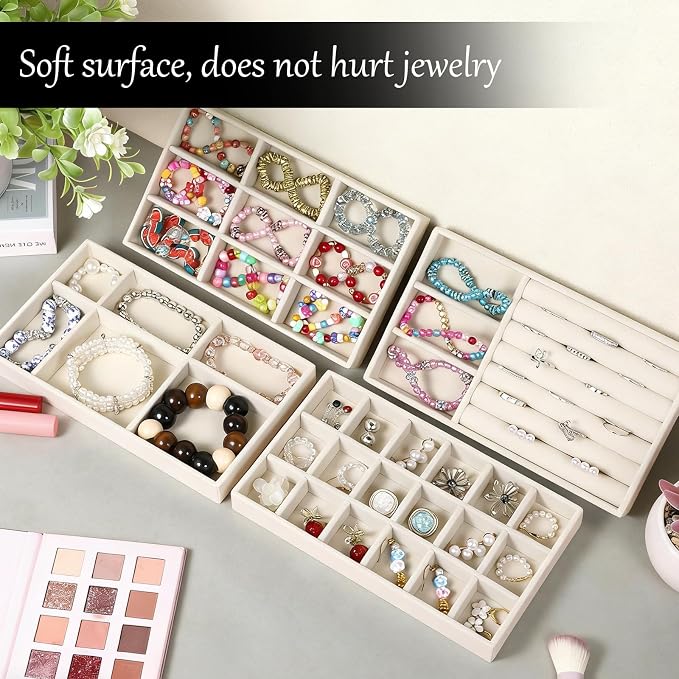 8 PCS Velvet Jewelry Trays, Stackable Jewelry Organizer Trays for Drawer | Multi Grid Earring Tray for Storing Necklaces, Rings, Earrings, Dressing Tables and Drawers-4 Styles, 8.3 x 4.9 Inch