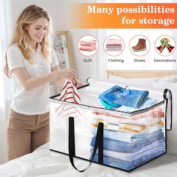 Extra Large Heavy Duty Moving Bags, Storage Bags with Strong Zippers & Handles, Packing Bags for Moving Essentials, Ideal Storage Tote for Home, Dorm & Storage Solutions, 76L, 8 Packs, Clear