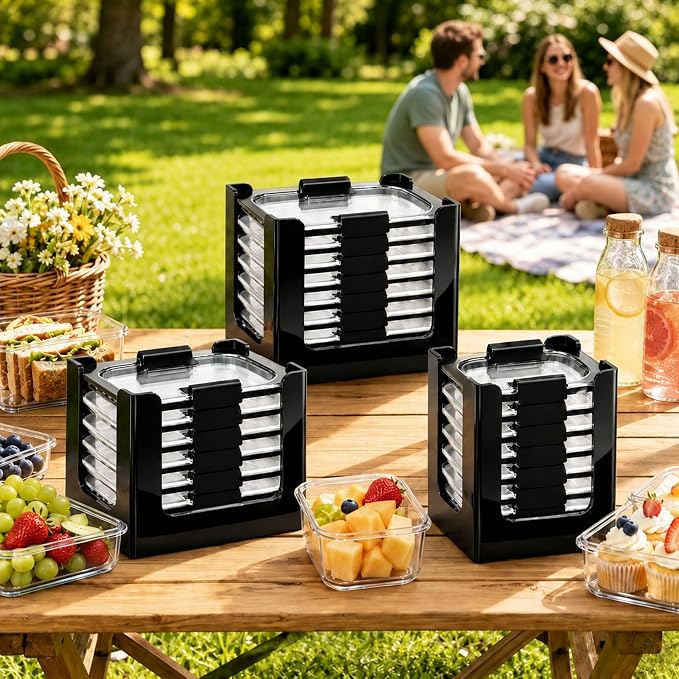 3PCS Clear Acrylic Food Container Lid Organizer for Rubbermaid Brilliance Nap-on Lids, Stackable Lid Holder Rack, Kitchen Storage Holder 4.7 Cup, 3.2 Cup, 1.3 Cup. 0.5 Cup Container，Black