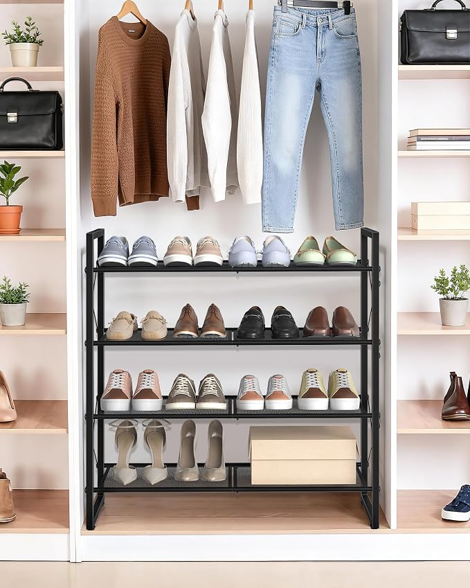 CHOEZON Shoe Rack, 4-Tier Shoe Rack for Closet, Metal Shoe Storage Organizer, Shoe Rack for Entryway, Shoe Shelf with Adjustable Feets, for Entryway, Hallway, Living Room, Bedroom, Black TXJ14BB