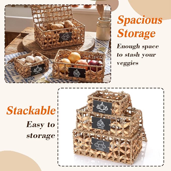 Blushtier Set of 3 Kitchen Vegetable Storage Potato Onion Garlic Storage Bins with Lid and Label, Handwoven Wicker Pantry Organizer Keeper Containers Baskets for Countertop Cabinet Farmhouse Decor