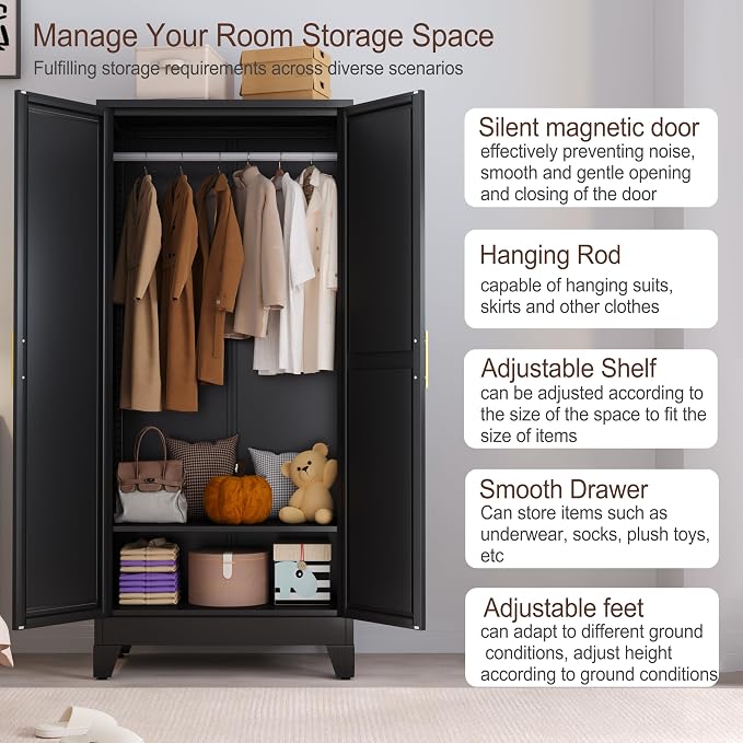 71" Metal Armoire Wardrobe Closet, Steel Clothing Storage Cabinet with Mirror and Adjustable Shelves, Household Steel Wardrobes Storage Cabinet with Adjustable Standing Feet and Hanging Rod（Black）