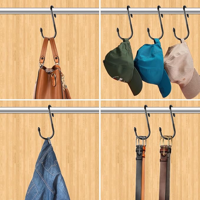 24 Pack Purse Hanger for Closet, Twist Design Hooks, Vinyl Coated Organizer, Large S Hooks for Hanging Bags, Purses, Handbags, Belts, Scarves, Hats, Black
