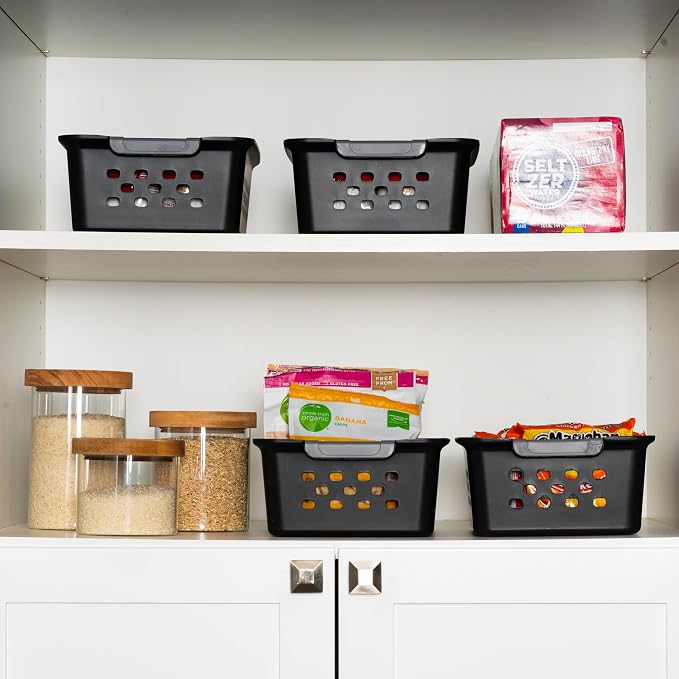 IRIS USA 12-Pack, Small Plastic Storage Basket, Black | Organize pantry items, office supplies, crafts, accessories, and household essentials with easy-carry storage for shelves