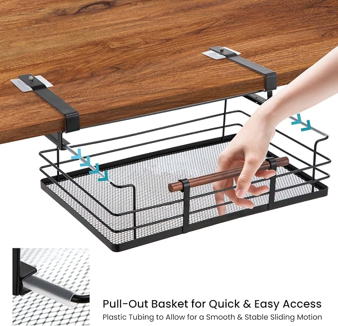 Home Zone Living Pull-Out Kitchen Cabinet Under Shelf Drawer Organizer | Steel Mesh Basket Frame with Wooden Handle, 17" x 11" x 7", Black